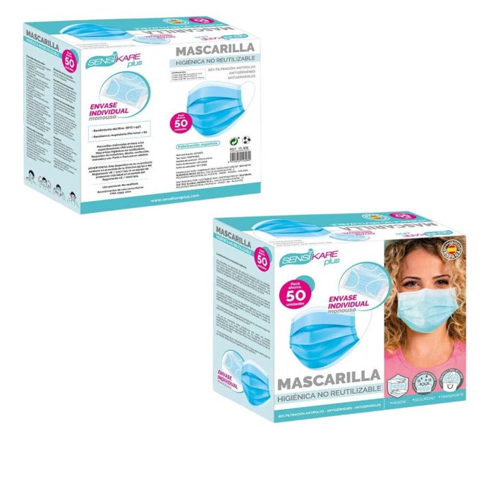 Caja de mascarillas higiénicas SensiKare 50 Piezas (12 Unidades) 1