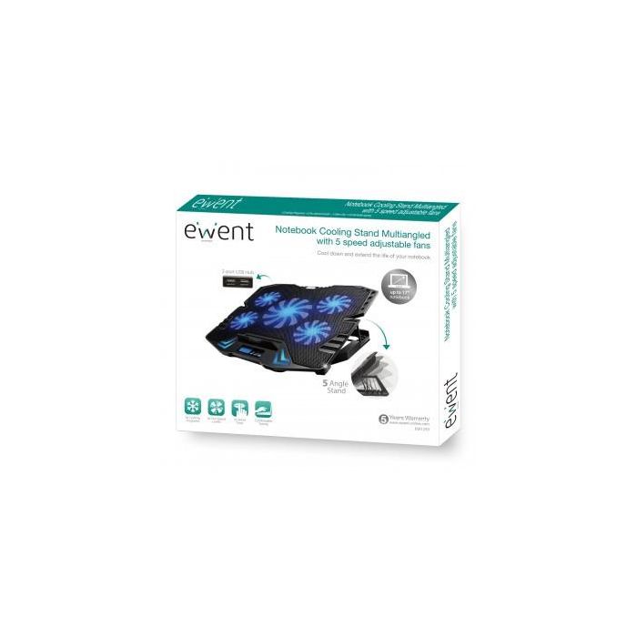 Ewent Soporte Base Refrigeración para Ordenador Portátil con 5 Ventiladores Silenciosos, Ajustable hasta 17 Pulgadas, USB 4