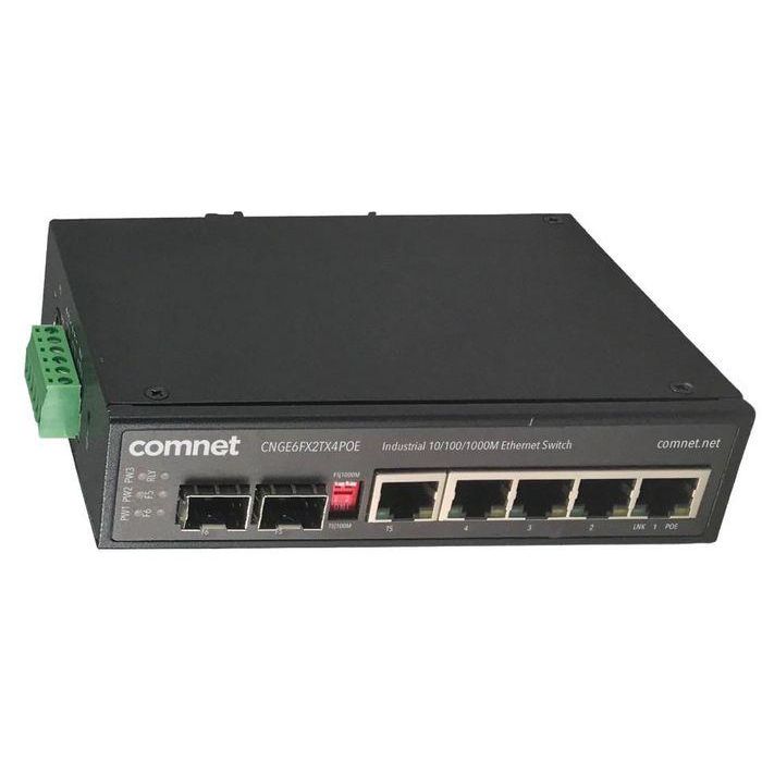 ComNet CNGE6FX2TX4POE Switch PoE+ Gigabit de 6 Puertos Robusto Industrial 48-56VDC para Vigilancia IP