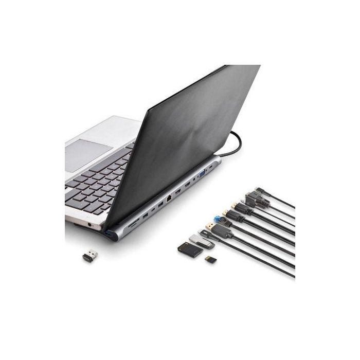 NGS WONDERDOCK12 Adaptador Multipuerto USB-C: 2xHDMI 4K, 1xVGA, 3xUSB 3.0, 1xRJ45, Lector Tarjetas SD/TF, USB-C PD 100W, Gris