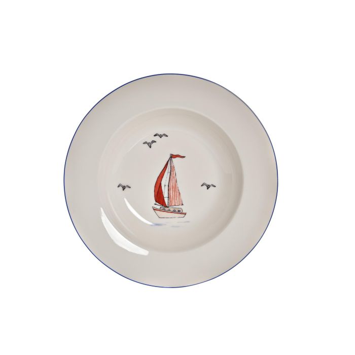 DKD Home Decor Plato Mediterráneo Veleros de Porcelana, Apto Microondas y Lavavajillas, Colores Surtidos Azul, Rojo, Blanco, Ø21.5x3.5 cm (12 Unidades)