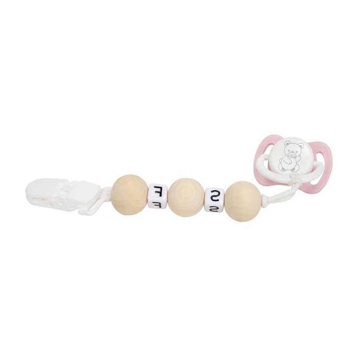 Set Chupete Rosa/Blanco C/Cadena De Bolas De Madera Y Pinza Blanca 2