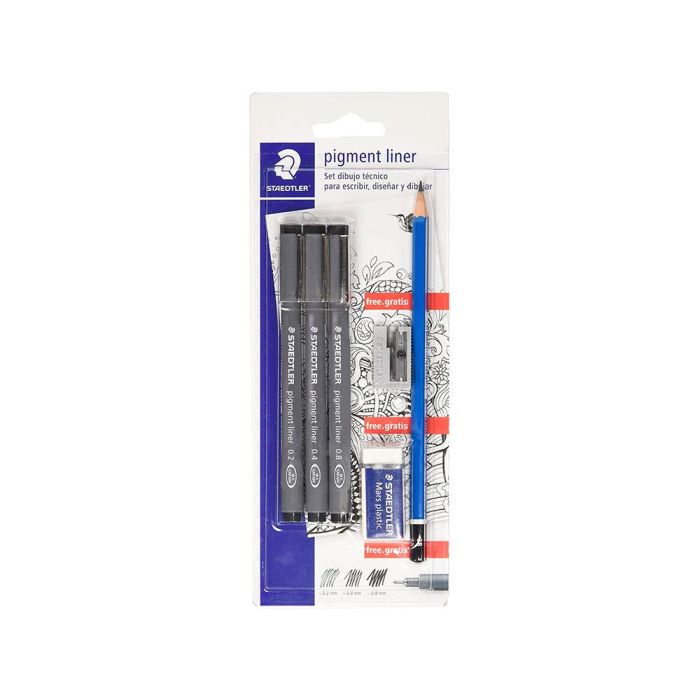 Rotulador Staedtler Calibrado Micrometrico 308 Negro Blister De 3 Und + Goma Lapiz Y Sacapuntas De Regalo 1