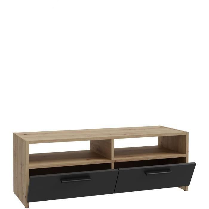 Mueble TV PILVI - Estilo contemporáneo - Decoración Roble y Negro - 2 solapas + 2 nichos - L 95 x P 36 x H 34,5 cm 3 Mueble TV PILVI - Estilo contemporáneo - Decoración Roble y Negro - 2 solapas + 2 nichos - L 95 x P 36 x H 34,5 cm 3