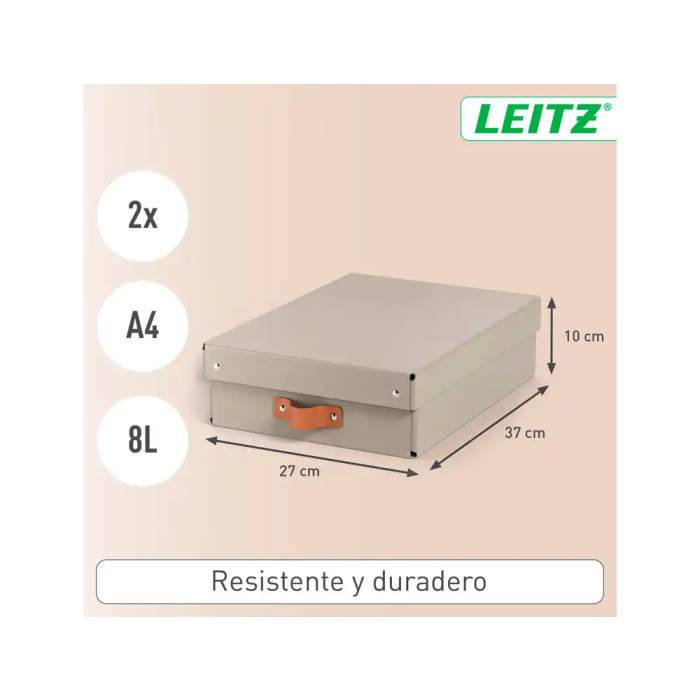 Leitz 61480012 Pack 2 Cajas de Almacenamiento Medianas Bajas Cartón Gris Formato A4 8L 3