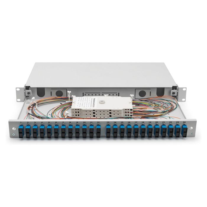 Digitus LWL Caja de empalme de fibra óptica 1HE equipada 24x SC duplex OS2, gris, acero, referencia: Spleißbox 4 Digitus LWL Caja de empalme de fibra óptica 1HE equipada 24x SC duplex OS2, gris, acero, referencia: Spleißbox 4