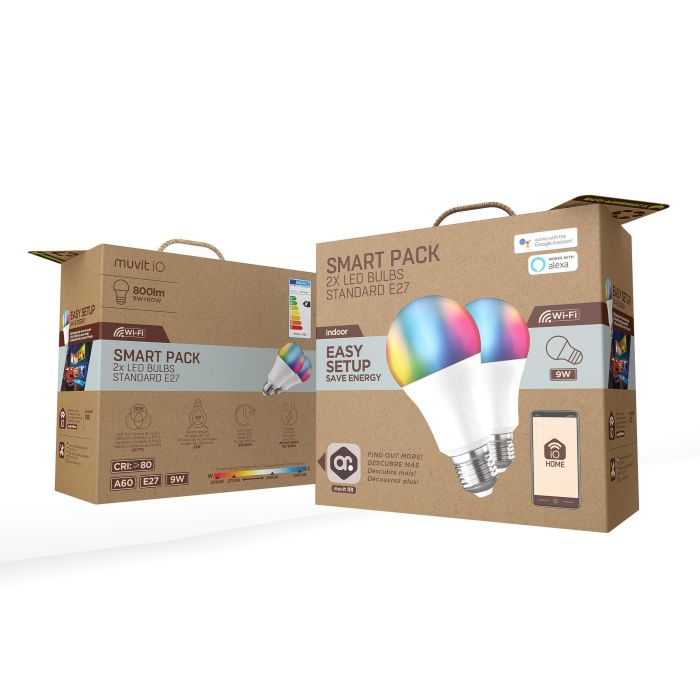 Muvit Bombilla inteligente LED multicolor y blanca A60 E27 9W, control por app muvit IO Home, compatible con asistentes de voz 2