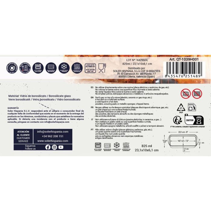 Quttin Fuente de Vidrio Rectangular 23x10 cm 825 cc (6 Unidades) 3