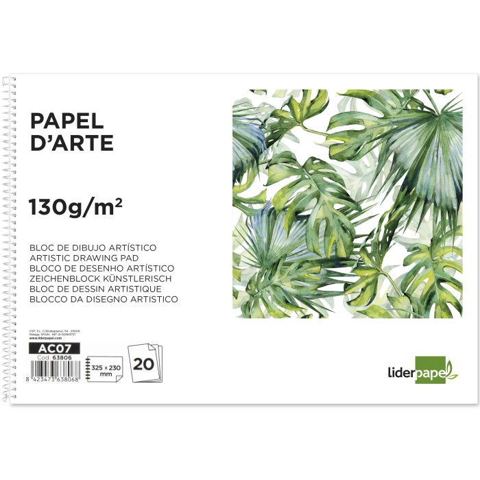 Bloc Dibujo Liderpapel Artistico Espiral 230x325 mm 20 Hojas 130 gr-M2 Sin Recuadro Sin Microperforado 1