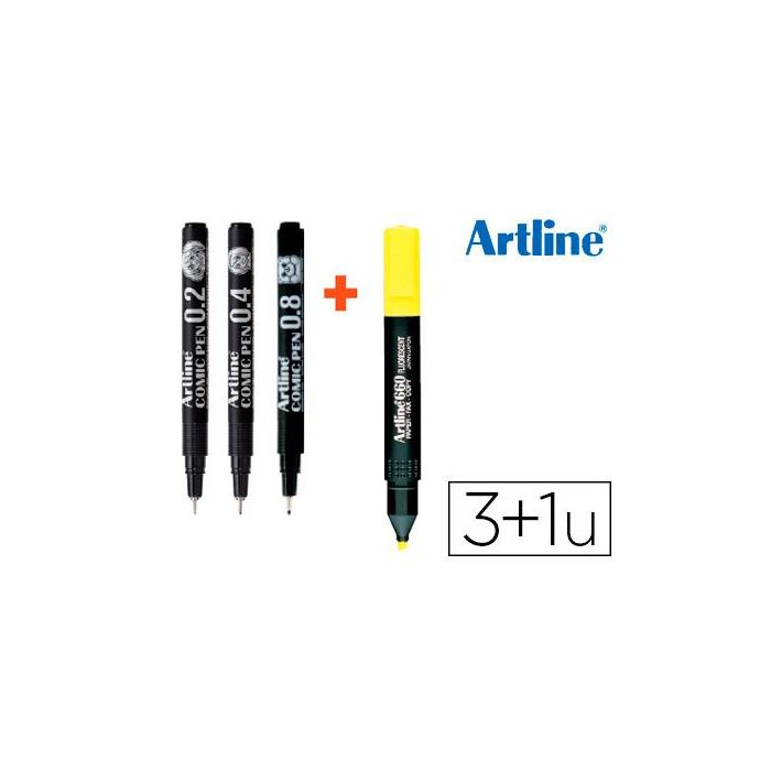 Rotulador Artline Comic Pen Calibrado Micrometrico Negro Bolsa De 3 Uds 0,2 0,4 0,8 + Fluorescente 660