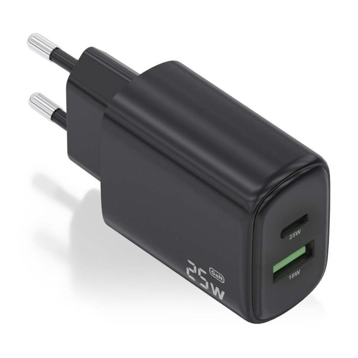 AISENS - CARGADOR 25W, 1xUSB-C PD3.0, 1xUSB-A QC3.0, NEGRO