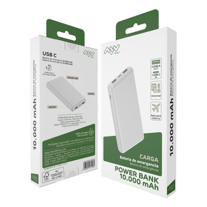 Myway power bank 10.000 mAh USB 2 puertos 2A + cable tipo C blanca 2
