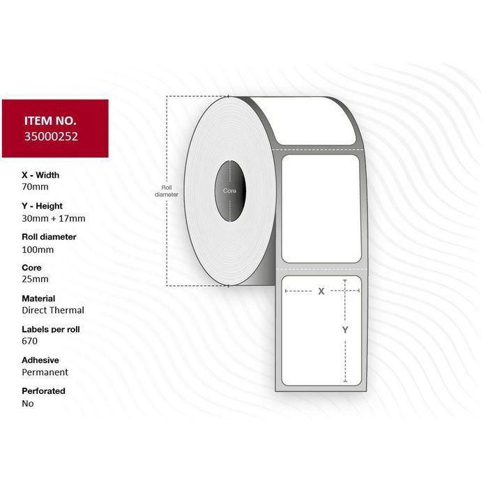 Capture Label 70x30x17 - Core 25. DIameter 100 mm. White. Uncoated. DT. Permanent. 670 labels per roll. 4 rolls per box. Black Mark, no perforation. Mother Daughter label. Each label is cut in two halves. The Mother label measures 70 x 30mm and the Daught Capture Label 70x30x17 - Core 25. DIameter 100 mm. White. Uncoated. DT. Permanent. 670 labels per roll. 4 rolls per box. Black Mark, no perforation. Mother Daughter label. Each label is cut in two halves. The Mother label measures 70 x 30mm and the Daught