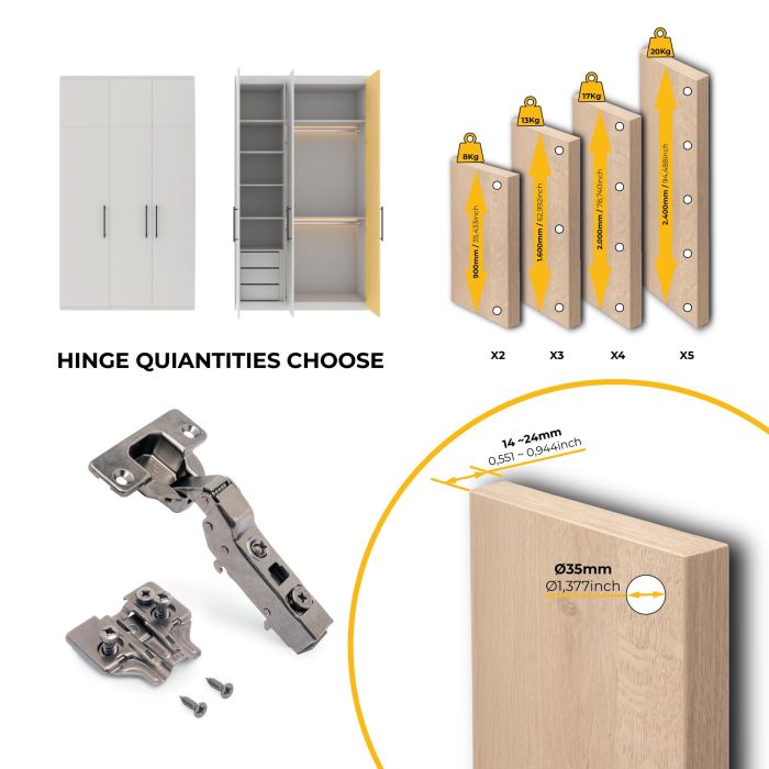 Emuca Lote de 20 bisagras codo X91 con cierre suave y suplementos Euro, Altura 0, Niquelado, Titanio 7