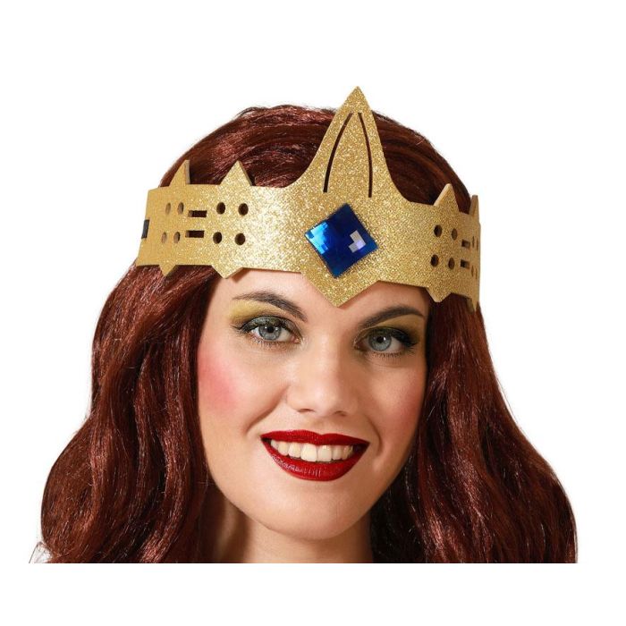 Corona Dorada Con Gema Azul Para Disfraz De Rey Medieval, Carnaval, Fiestas Temáticas