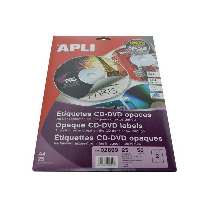 Apli Etiquetas Adhesivas para CD-DVD Tamaño Clásico, Compatible con Inkjet y Láser, 2 X 25 Hojas, Dorso Opaco