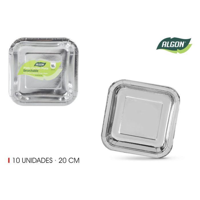Set de 10 platos de cartón plata cuadrados 20 cm Algon (18 Unidades) Set de 10 platos de cartón plata cuadrados 20 cm Algon (18 Unidades)