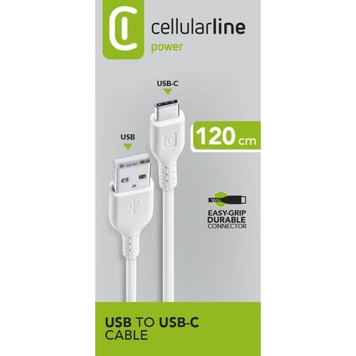 Cellularline Cable de Carga y Datos USB-A a USB-C, 1.2 m, Blanco. Carga rápida y transferencia de datos