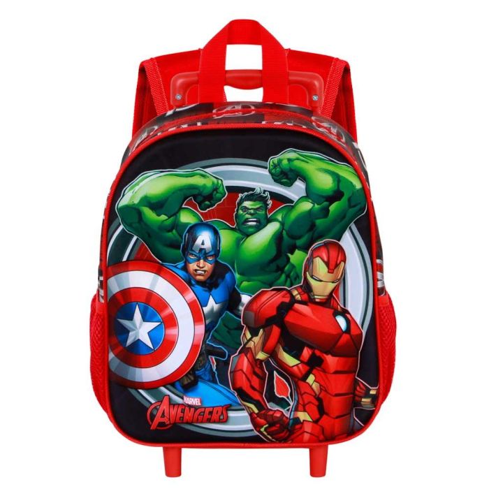 Marvel Los Vengadores Mochila 3D con Ruedas Pequeña, Relieve Frontal, 2 Bolsillos Laterales de Malla, Rojo 1