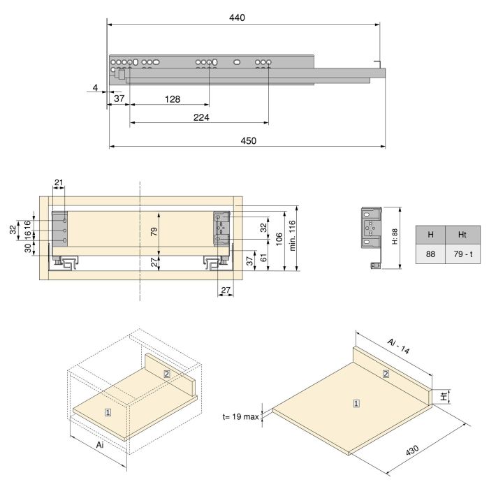 Emuca Cajón exterior Simplex 25kg de altura 88mm, profundidad 440mm, Acero, Gris antracita 4 Emuca Cajón exterior Simplex 25kg de altura 88mm, profundidad 440mm, Acero, Gris antracita 4