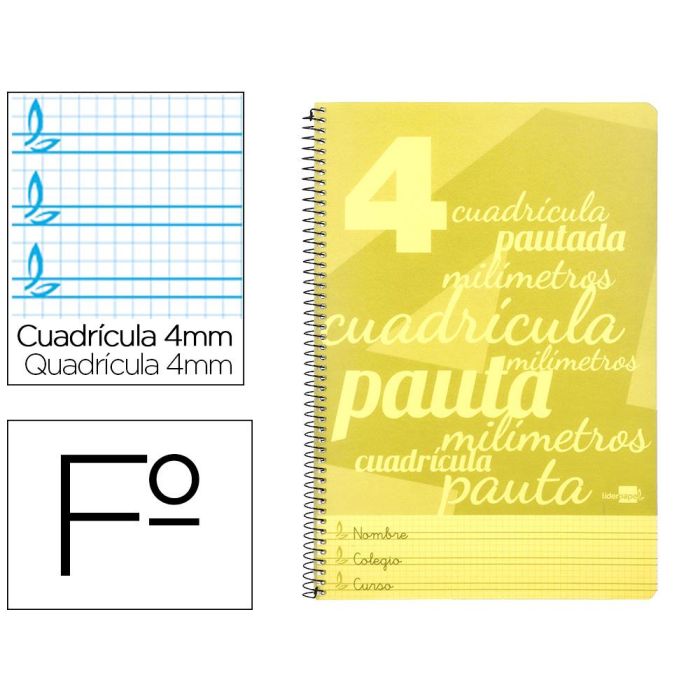 Cuaderno Espiral Liderpapel Folio Pautaguia Tapa Plastico 80H 75 gr Cuadro Pautado 4 mm Con Margen Color Amarillo