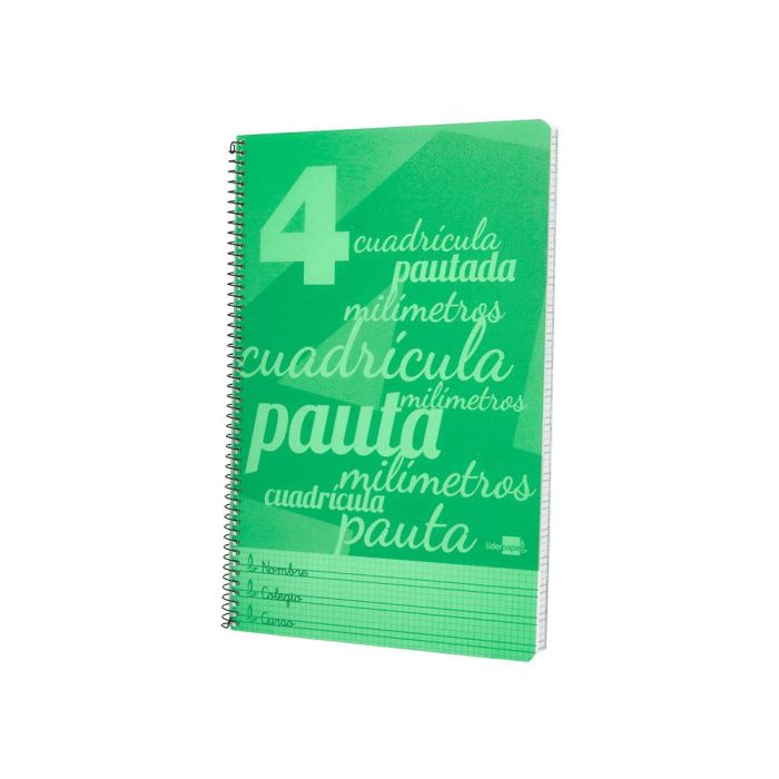 Cuaderno Espiral Liderpapel Folio Pautaguia Tapa Plastico 80H 75 gr Cuadro Pautado 4 mm Con Margen Color Verde 1