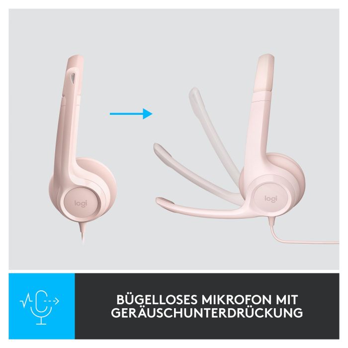 Logitech H390 Auriculares con Micrófono con Cancelación de Ruido, USB-A, Supraaurales, Diadema, Color Rosa