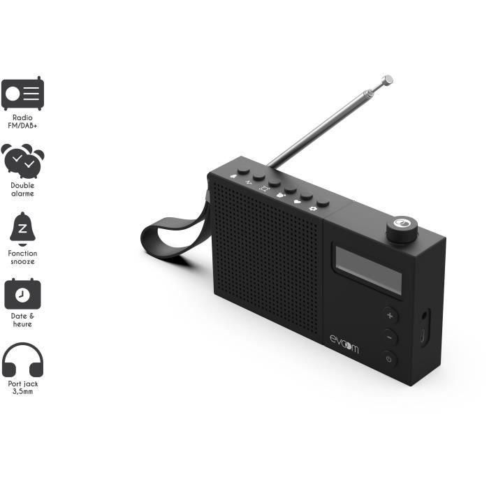EVOOM EVO3700527312200 Radio Despertador EGY Negro - Radio FM y DAB+ - Alimentación USB y Baterías - 2 Alarmas 1