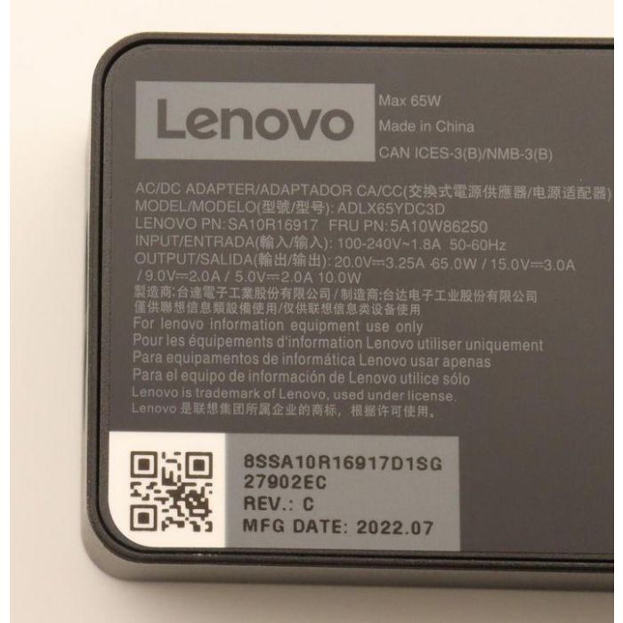 Lenovo AC power adapter with 65W output, supports 20V, 15V, 9V, 5V voltages, designed for worldwide use, 3-phase. 12 Lenovo AC power adapter with 65W output, supports 20V, 15V, 9V, 5V voltages, designed for worldwide use, 3-phase. 12
