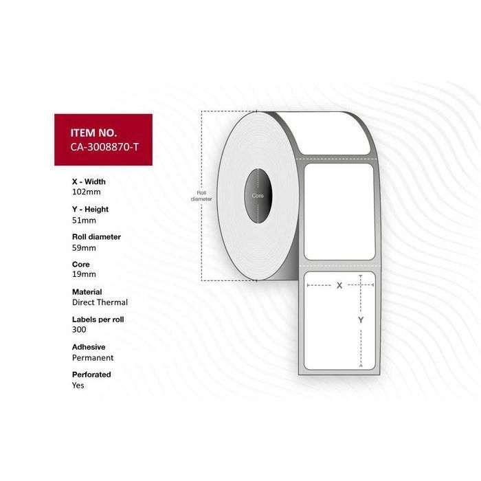 Capture Label 102 x 51mm, Core 19mm, Outside diameter 59mm, Direct thermal, Uncoated, Permanent, Perforation. 300 labels per roll, 16 rolls per box. Equal to 3008870-T Capture Label 102 x 51mm, Core 19mm, Outside diameter 59mm, Direct thermal, Uncoated, Permanent, Perforation. 300 labels per roll, 16 rolls per box. Equal to 3008870-T