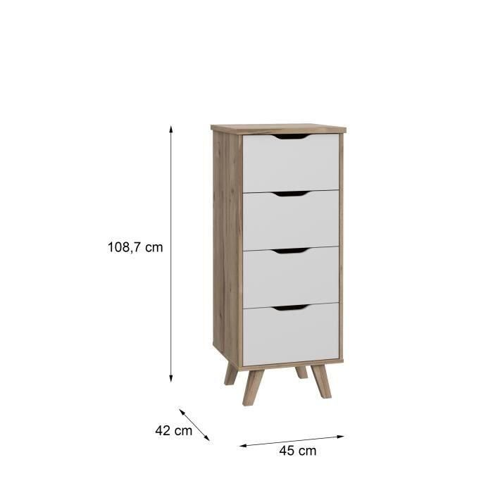 VANKKA Cómoda 4 Cajones - Acabado Roble y Blanco - L 45 x P 42 x H 108 cm - Con Patas 4 VANKKA Cómoda 4 Cajones - Acabado Roble y Blanco - L 45 x P 42 x H 108 cm - Con Patas 4