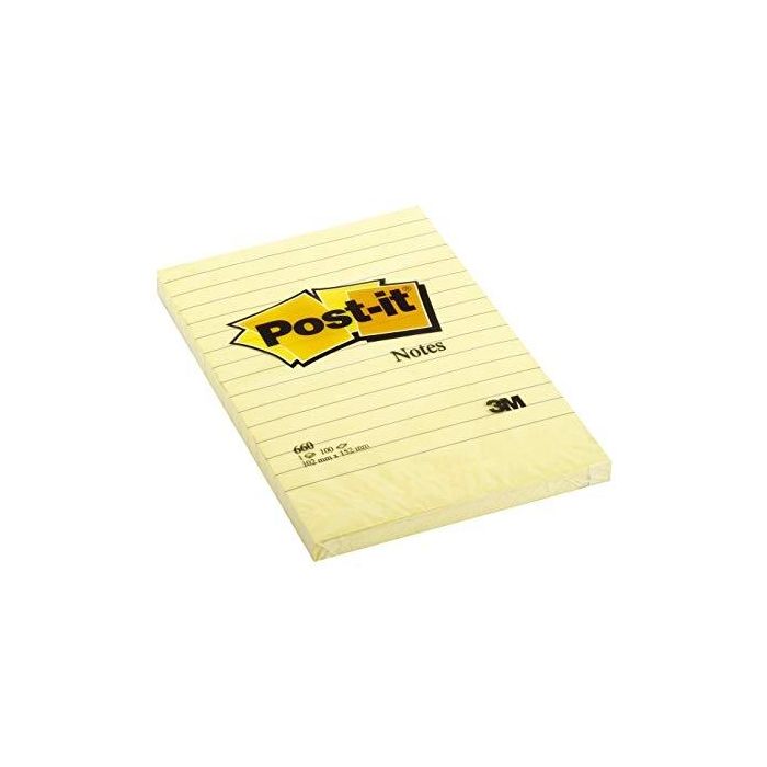 Post-It Blocs Notas Adhesivas Canary Yelllow Formato XL Con Lineas 100 Hojas 102x152 -Pack 6-