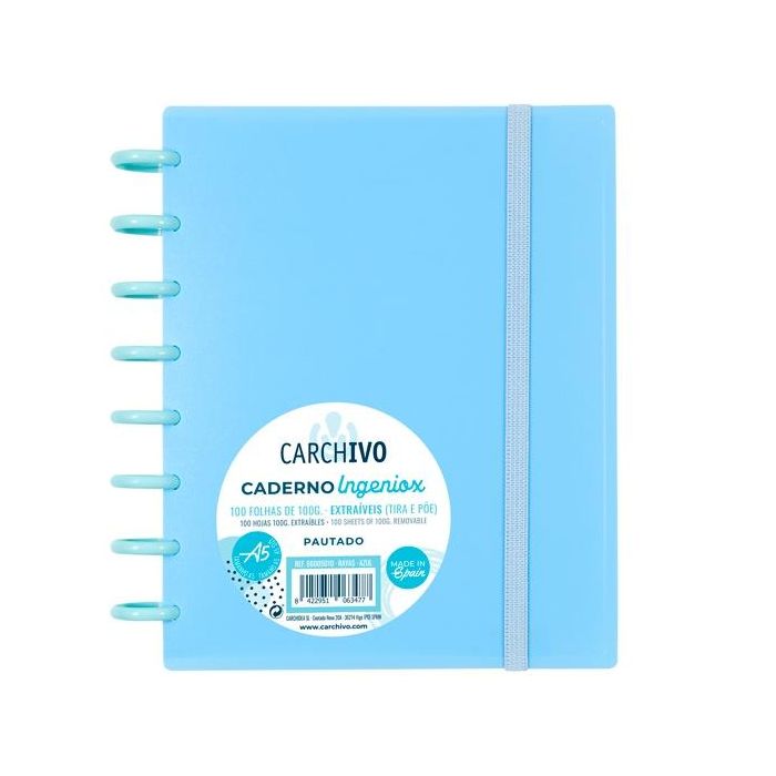 Carchivo cuaderno ingeniox espiral a5 100h c/separadores extraíbles 100 gr pautado 7mm tapas pp semi-rígido cierre c/goma azul