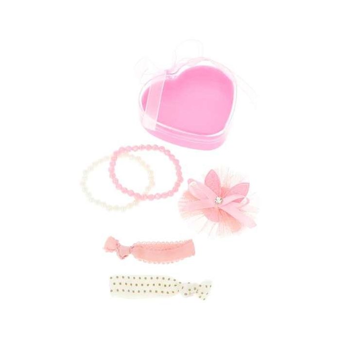 Set de 5 accesorios en cajita corazón (2 pulseras, 2 gomas y gancho para pelo) 1 Set de 5 accesorios en cajita corazón (2 pulseras, 2 gomas y gancho para pelo) 1