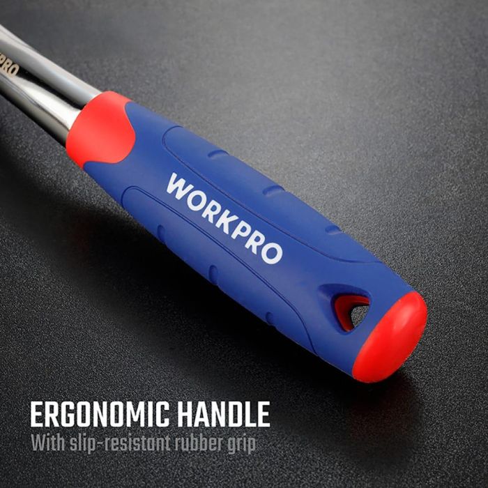 Workpro Carraca 3/8" Double Drive con mango recubierto de goma ergonómico, tecnología Dual Drive 7