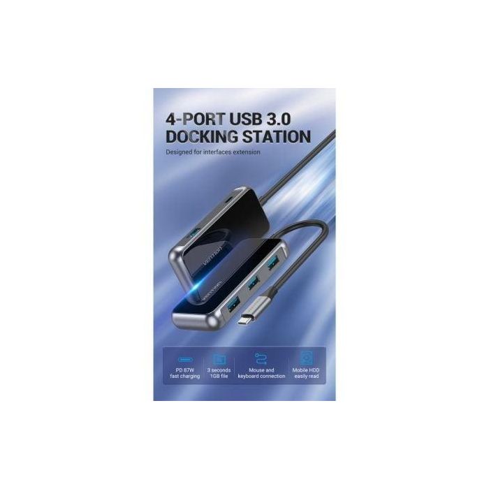 Vention TFDHB Hub USB-C Estación Acoplamiento 5 en 1, 4 Puertos USB 3.0 (5Gbps), 1x USB-C PD 87W Carga Rápida, Gris 3