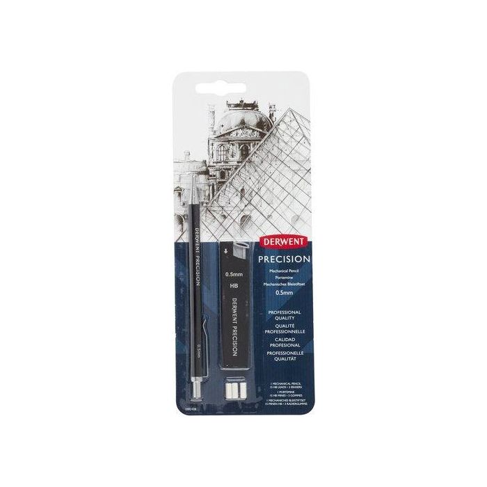 Derwent Portaminas Precision, cuerpo metálico, minas de grafito 0,5 mm HB, ideal para ilustración de línea fina