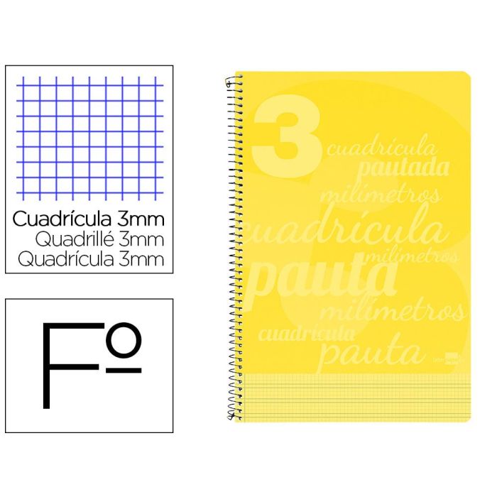 Cuaderno Espiral Liderpapel Folio Pautaguia Tapa Plastico 80H 75 gr Cuadro Pautado 3 mm Con Margen Color Amarillo