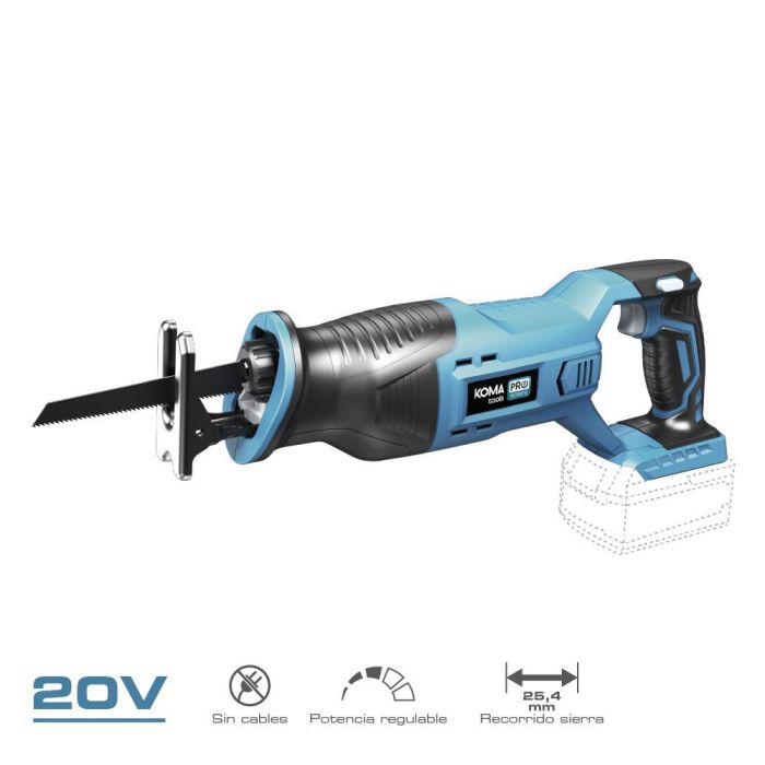 Koma Tools Sierra de Sable 20v-ss, Sierra de Sable Eléctrica sin Batería ni Cargador, Potencia Regulable, 25.4mm de Carrera, Ideal para Profesionales