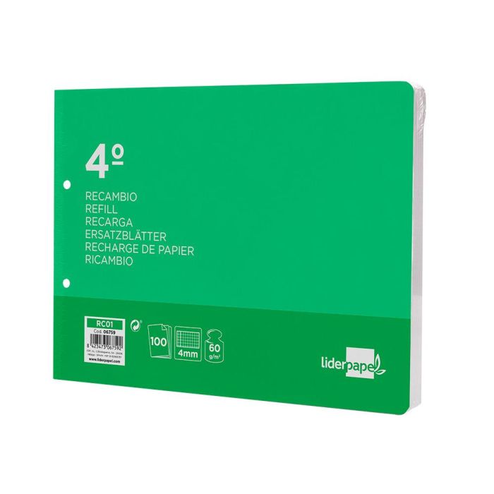 Recambio Liderpapel Cuarto Apaisado 100 H 2Tca-01 Cuadro 4 mm 2 Taladros Con Margen