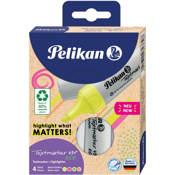Pelikan Textmarker 490 eco Set 4 Neon Colores (Verde, Naranja, Rosa, Amarillo) Punta Cincel Plástico Reciclado 1-5 mm