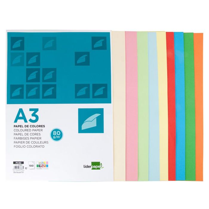 Papel Color Liderpapel A3 80 gr 10 Colores Surtidos Paquete 100 Hojas 2