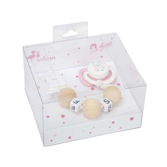 Muñecas Arias Set Chupete Rosa/Blanco con Cadena de Bolas de Madera y Pinza Blanca 0 Muñecas Arias Set Chupete Rosa/Blanco con Cadena de Bolas de Madera y Pinza Blanca 0