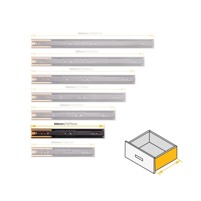 Emuca Lote de 5 juegos de guías para cajones, de bolas, altura 45mm, profundidad 350mm, extracción total, cierre suave, Negro 9 Emuca Lote de 5 juegos de guías para cajones, de bolas, altura 45mm, profundidad 350mm, extracción total, cierre suave, Negro 9