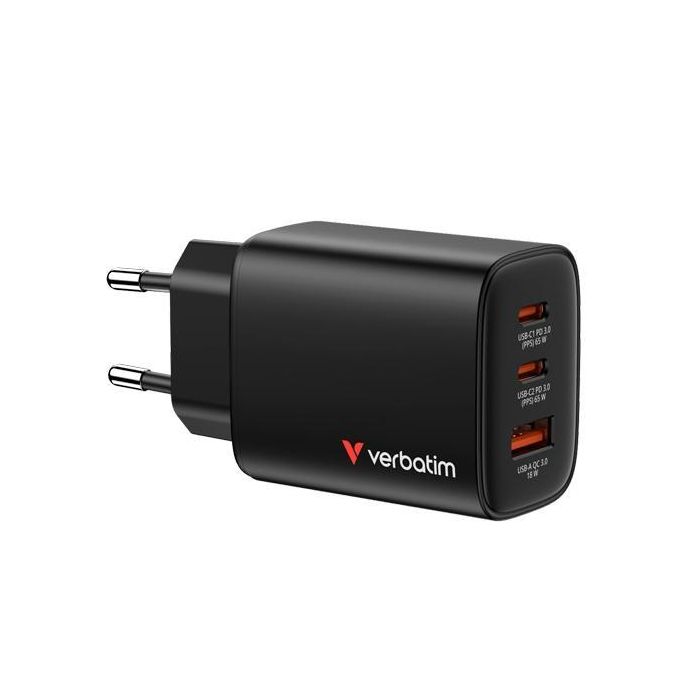 Verbatim Cargador de Pared Gan Essentials 65W, 2x USB-C PD 3.0 y 1x USB-A QC 3.0, Negro