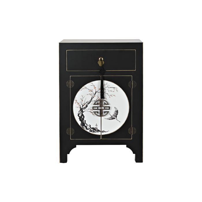 DKD Home Decor Mesita de Noche Oriental Masako, con 1 Cajón y 2 Puertas, de Abeto y MDF, Negro Blanco Dorado, 36x66x45 cm 4