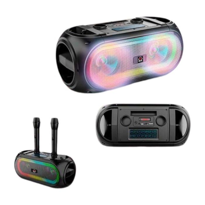 Bluetooth, radio fm, 2 mic inalámbricos, mando a distancia, pantalla, aux, usb Bluetooth, radio fm, 2 mic inalámbricos, mando a distancia, pantalla, aux, usb