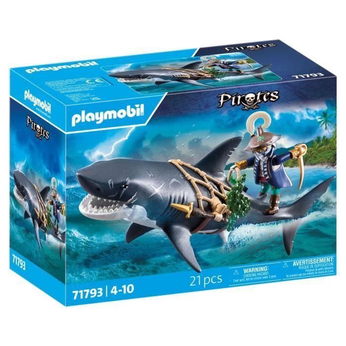 Playmobil 71793 Set de Figuras Piratas: Tiburón Gigante con Pirata, Mandíbula Móvil para Aventuras Marinas +4 años