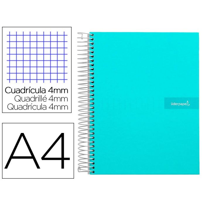 Cuaderno Espiral Liderpapel A4 Crafty Tapa Forrada 80H 90 gr Cuadro 4 mm Con Margen Color Turquesa