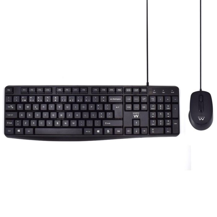 Ewent EW3007 Combo Teclado Completo QWERTY Portugués USB Alámbrico de Membrana con Ratón Óptico 1000 DPI Negro para Oficina
